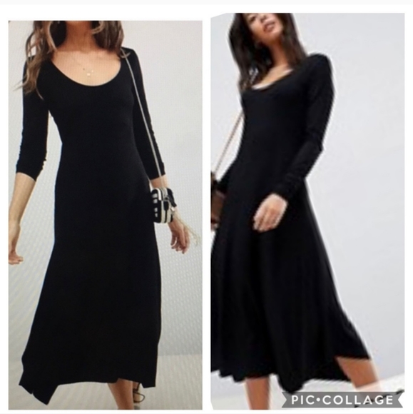ASOS NWT Scoop Neck Asymmetric Hem Black Midi Dress, Sz 4 Tall - Picture 2 of 7